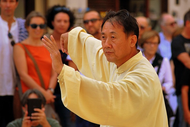A serene martial arts scene with practitioners